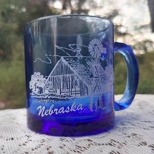 Nebraska Souvenir Coffee Mug Cobalt Blue Glass with Barn Scene